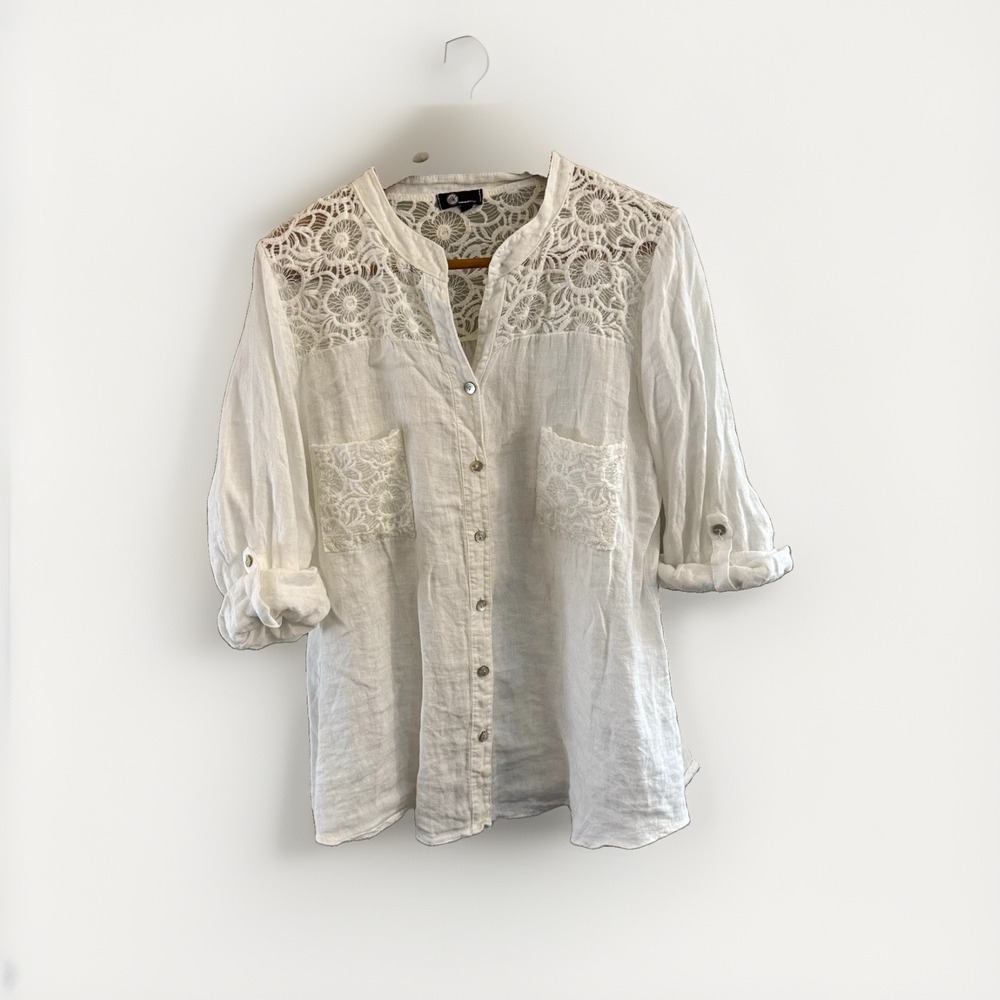 Made in Italy Women's White Linen Lace V-Neck 3/4 Sleeve or long sleeve Blouse L